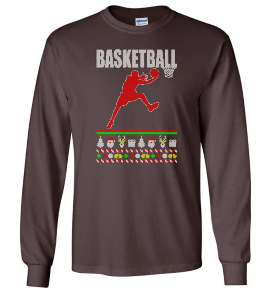 Basketball Ugly Christmas Sweater - Long Sleeve T-Shirt - Dark Chocolate / M