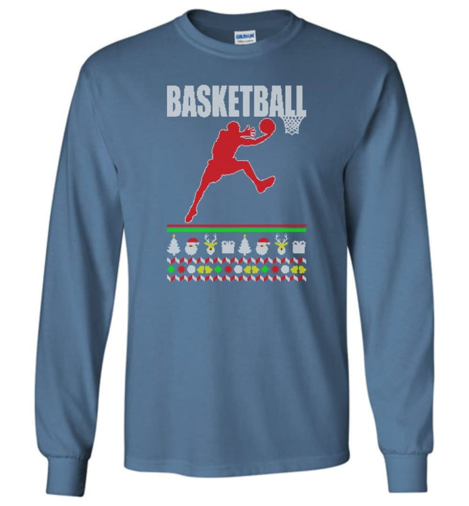 Basketball Ugly Christmas Sweater - Long Sleeve T-Shirt - Indigo Blue / M