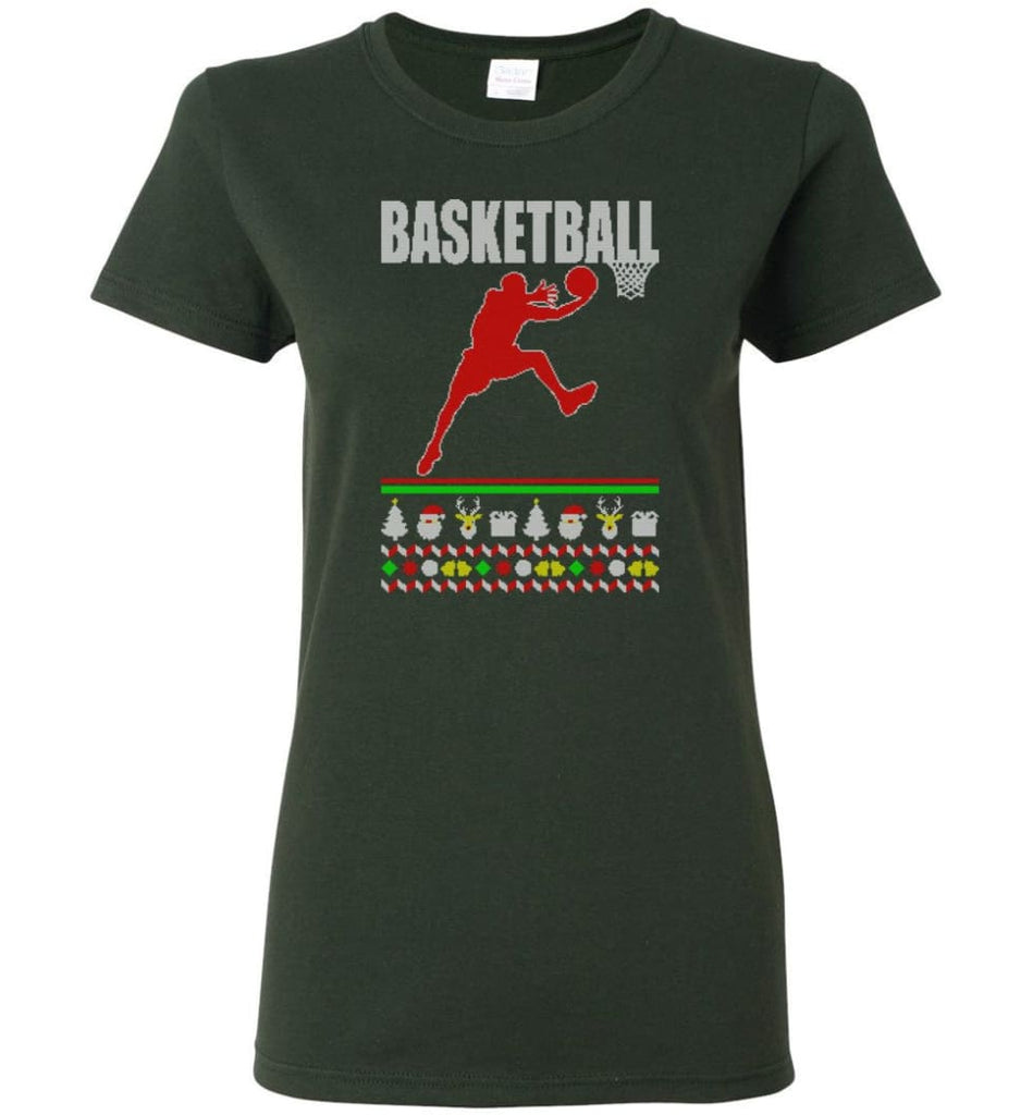 Basketball Ugly Christmas Sweater Women Tee - Forest Green / M
