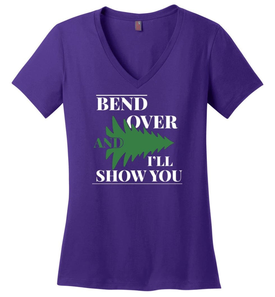 Bend Over And I’ll Show You Funny Christmas Tree Bend Over Ladies V-neck - Purple / M