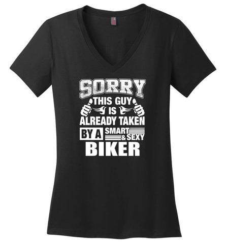 BIKER Shirt Sorry This Guy Is Already Taken By A Smart Sexy Wife Lover Girlfriend Ladies V-Neck - Black / M - womens 
