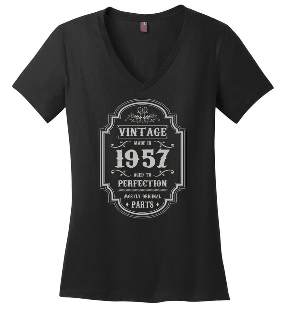 Birthday Gift Vintage Made In 1957 Age To Perfection Ladies V Neck - Black / M - womens apparel