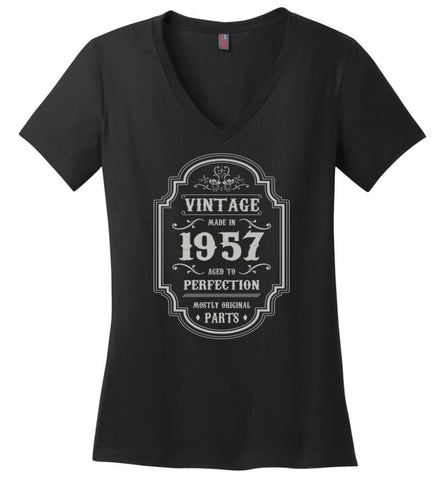 Birthday Gift Vintage Made In 1957 Age To Perfection Ladies V Neck - Black / M - womens apparel