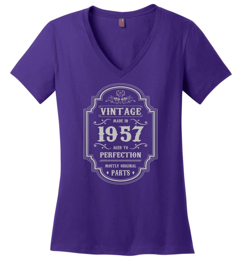 Birthday Gift Vintage Made In 1957 Age To Perfection Ladies V Neck - Purple / M - womens apparel