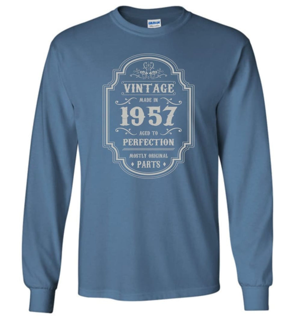 Birthday Gift Vintage Made In 1957 Age to Perfection Long Sleeve T-Shirt - Indigo Blue / M