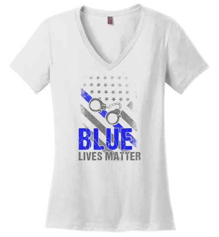 Blue Lives Matter Shirt Support Police Shirts Blue Line Flag - Ladies V-Neck - White / M