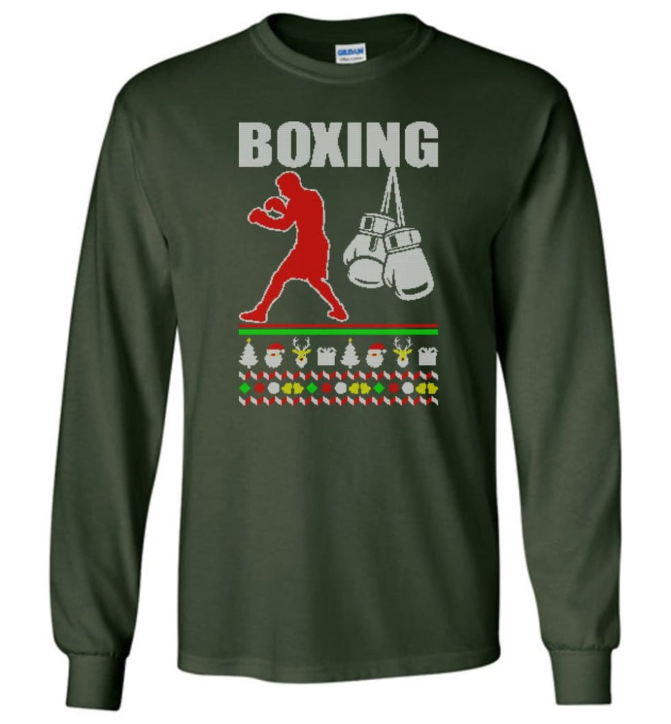 Boxing Ugly Christmas Sweater - Long Sleeve T-Shirt - Forest Green / M