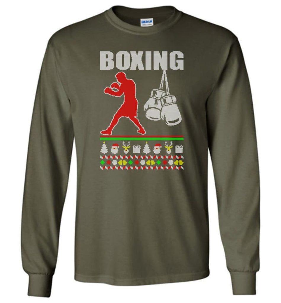 Boxing Ugly Christmas Sweater - Long Sleeve T-Shirt - Military Green / M