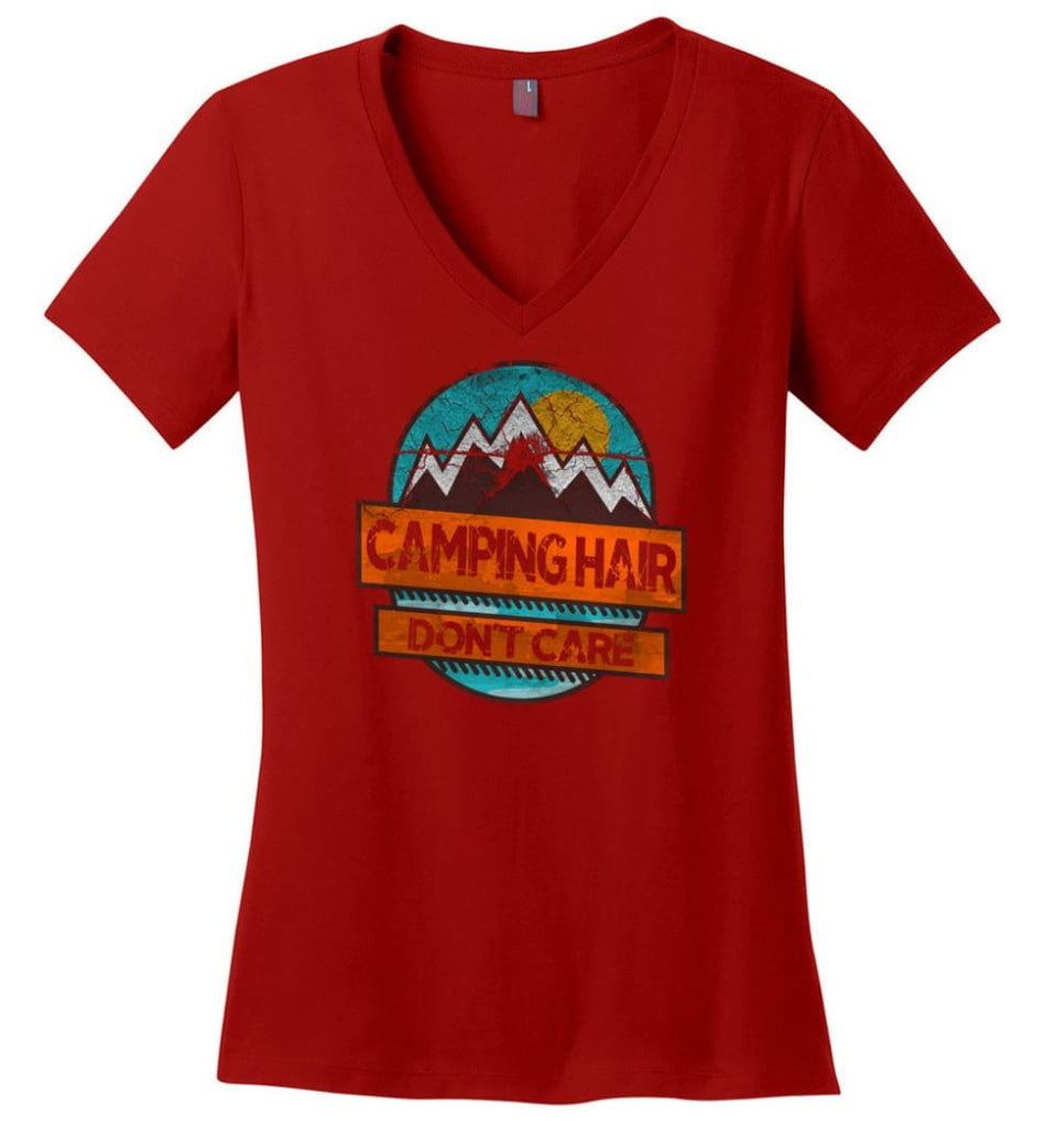 Campers Funny Shirt Camping Hair Dont Care Ladies V-Neck - Red / M - womens apparel