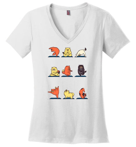 Cat Yoga T Shirt Cat Pose Yoga Downward Cat Yoga Funny Yoga Cat Class - Ladies V-Neck - White / M