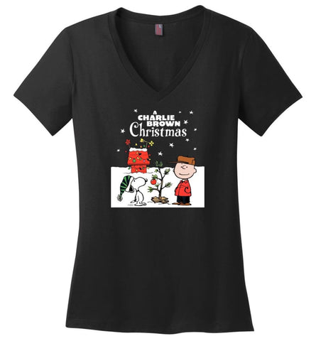 Charlie Brown Christmas Sweatshirt Hoodie Peanuts Snoopy Xmas Gifts Ladies V-Neck - Black / M