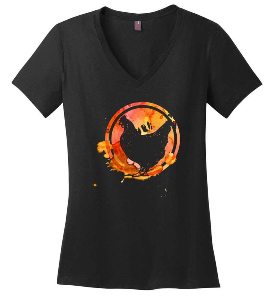 Chicken Lover Graphic Tee Watercolor Splash Love Chickens Ladies V Neck - Black / M - womens apparel