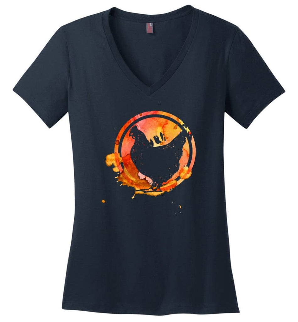 Chicken Lover Graphic Tee Watercolor Splash Love Chickens Ladies V Neck - Navy / M - womens apparel
