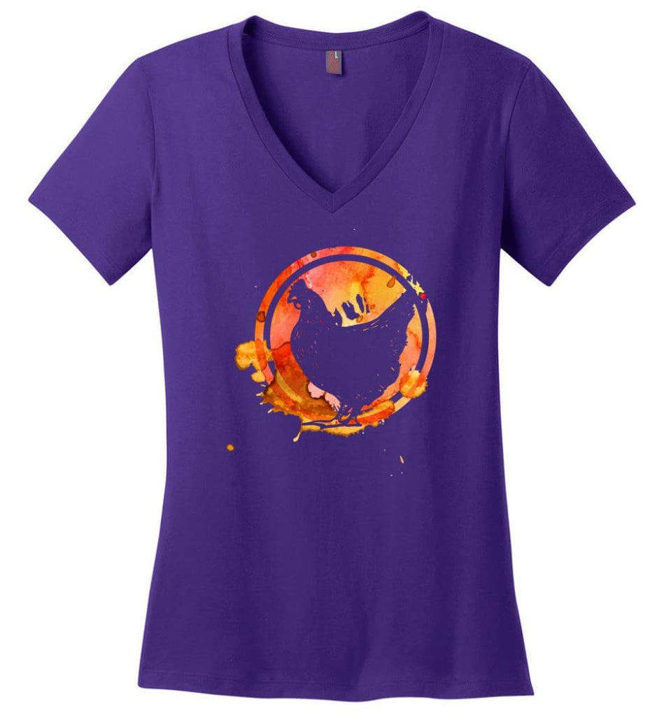 Chicken Lover Graphic Tee Watercolor Splash Love Chickens Ladies V Neck - Purple / M - womens apparel
