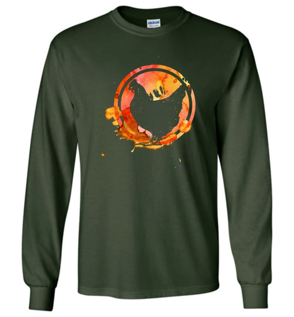Chicken Lover Graphic Tee Watercolor Splash Love Chickens Long Sleeve - Forest Green / M