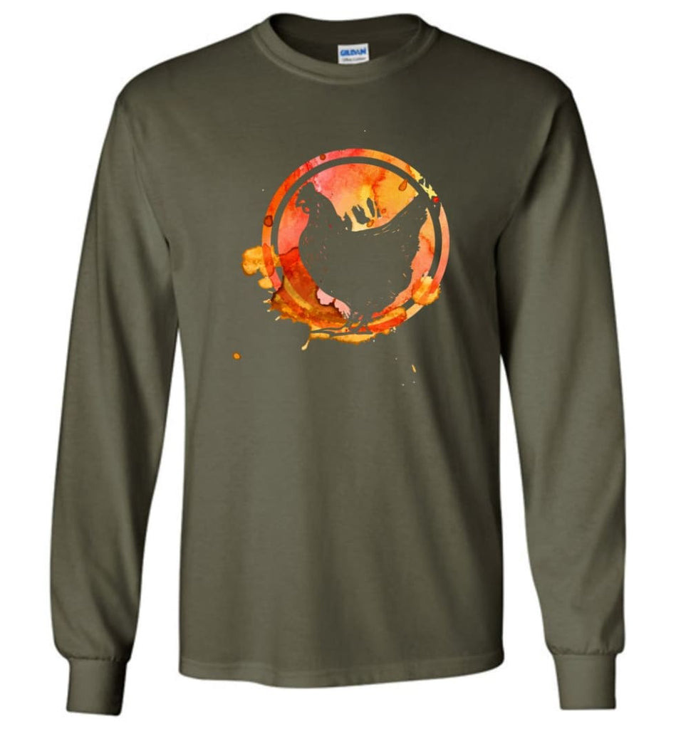 Chicken Lover Graphic Tee Watercolor Splash Love Chickens Long Sleeve - Military Green / M
