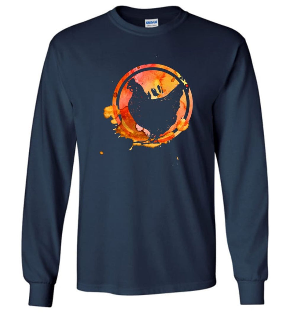 Chicken Lover Graphic Tee Watercolor Splash Love Chickens Long Sleeve - Navy / M