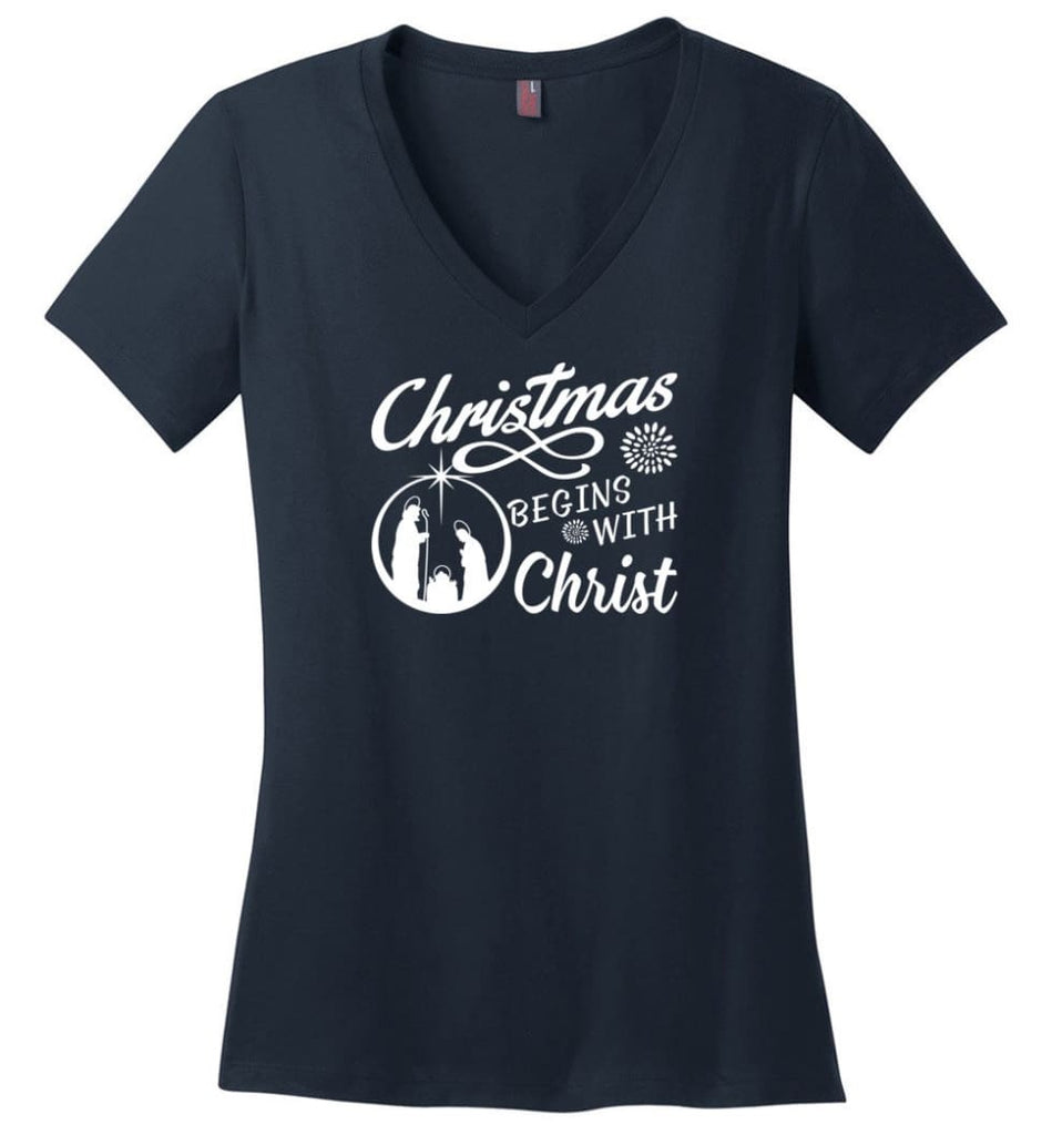 Christmas Begins With Christ Ladies V-Neck - Navy / M