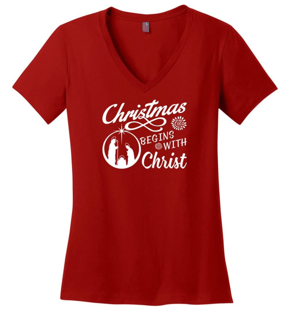 Christmas Begins With Christ Ladies V-Neck - Red / M