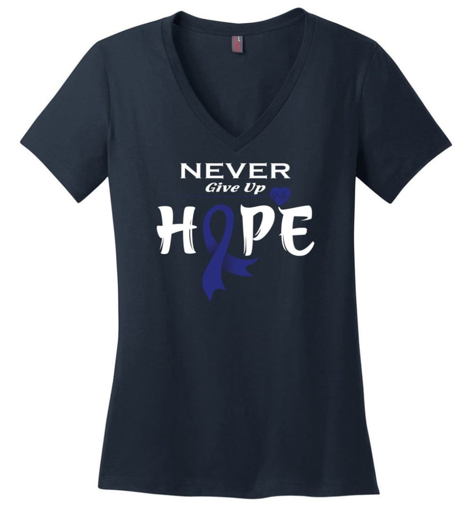 Colon Cancer Awareness Never Give Up Hope Ladies V-Neck - Navy / M