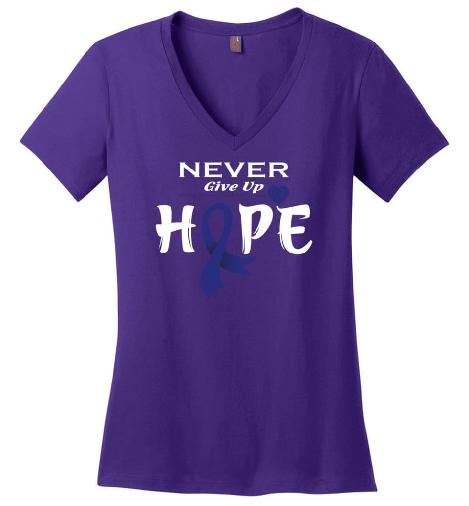 Colon Cancer Awareness Never Give Up Hope Ladies V-Neck - Purple / M