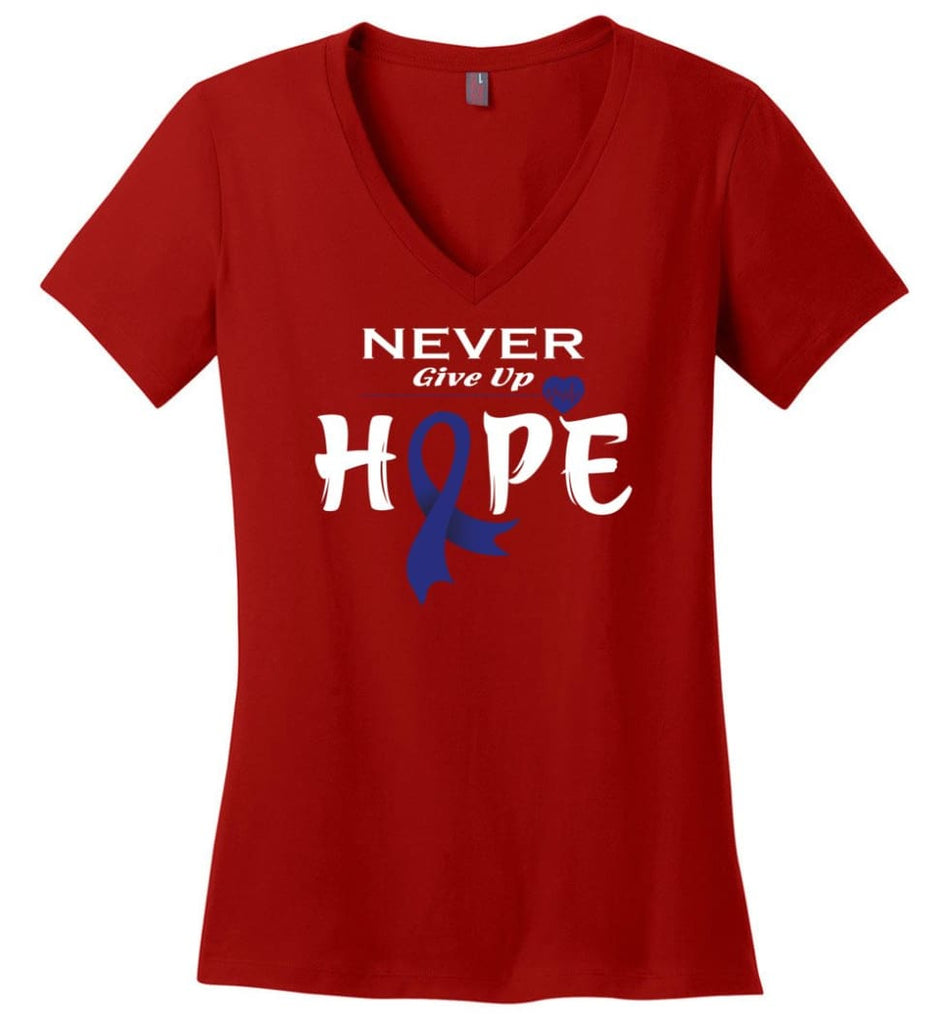 Colon Cancer Awareness Never Give Up Hope Ladies V-Neck - Red / M
