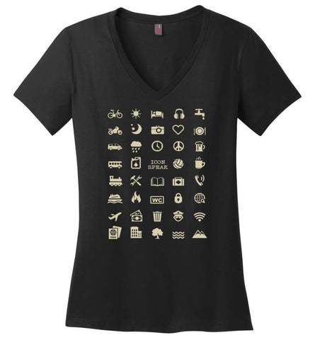 Cool Traveller T shirt Iconspeak Love Travel 40 Travel Icons - Ladies V-Neck - Black / M