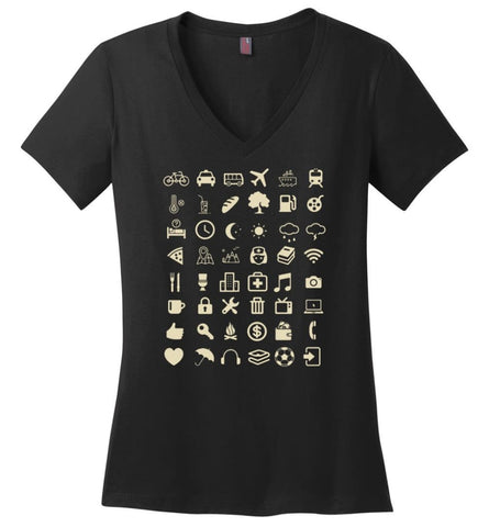 Cool Traveller T shirt Iconspeak Love Travel 48 Travel Icons - Ladies V-Neck - Black / M