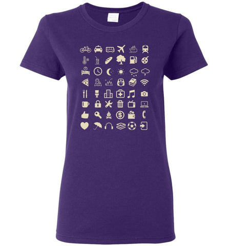 Cool Traveller T shirt Iconspeak Love Travel 48 Travel Icons Women Tee - Purple / M