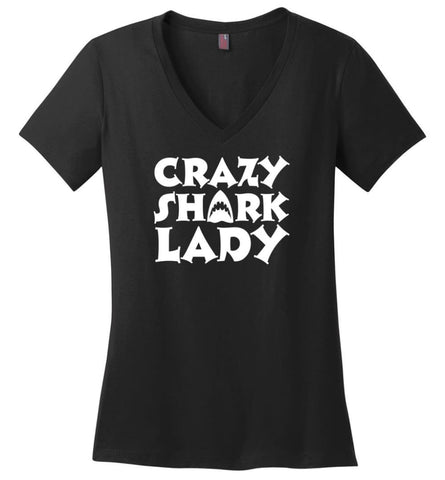 Crazy Shark Lady Funny Shark Girls Lady Woman - Ladies V-Neck - Black / M - Ladies V-Neck