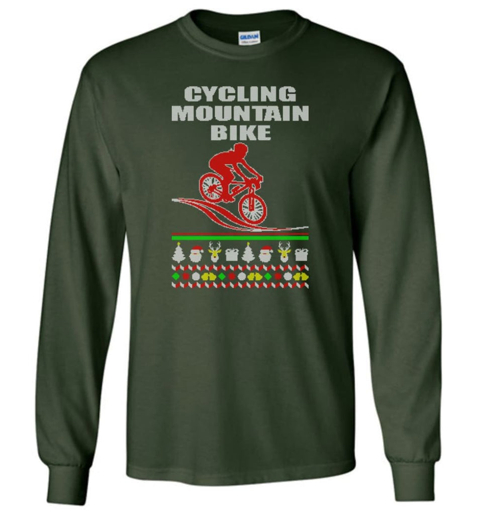 Cycling Mountain Bike Ugly Christmas Sweater - Long Sleeve T-Shirt - Forest Green / M
