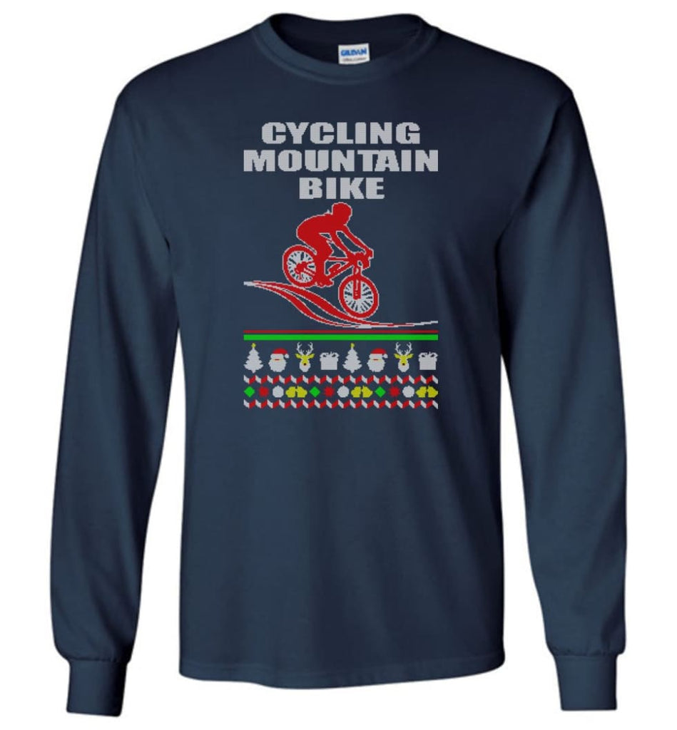 Cycling Mountain Bike Ugly Christmas Sweater - Long Sleeve T-Shirt - Navy / M