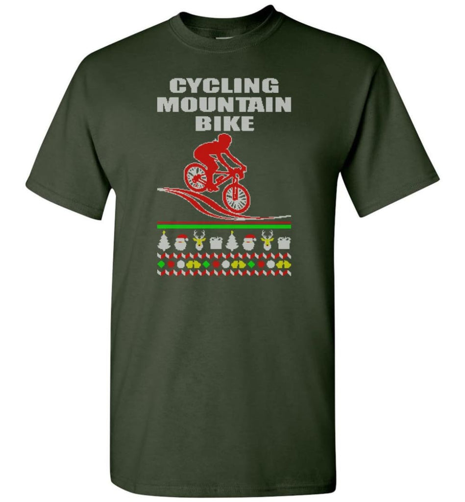 Cycling Mountain Bike Ugly Christmas Sweater - Short Sleeve T-Shirt - Forest Green / S