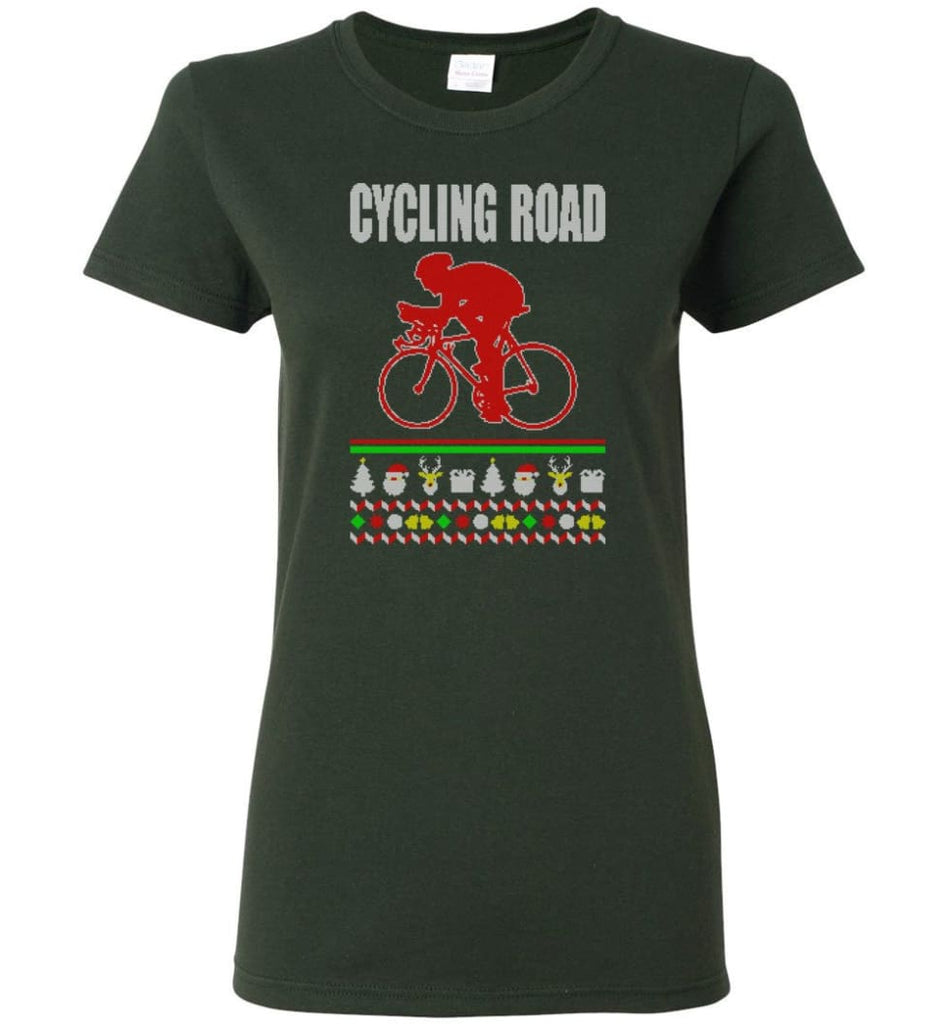 Cycling Road Ugly Christmas Sweater Women Tee - Forest Green / M