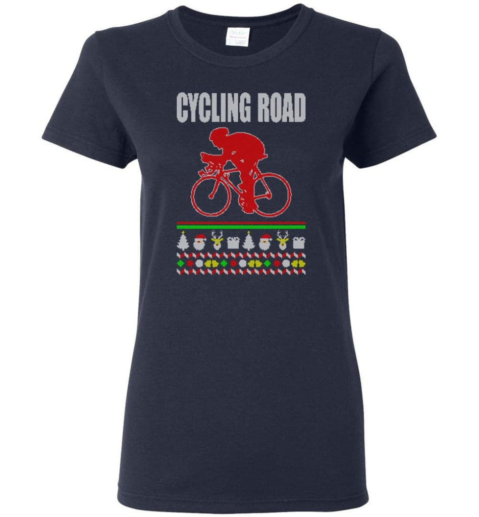 Cycling Road Ugly Christmas Sweater Women Tee - Navy / M