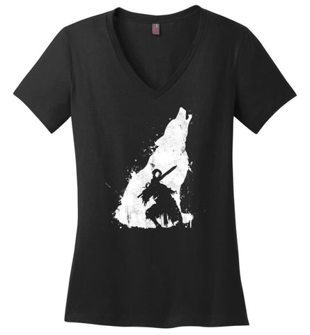 Dark Souls WOLF Hero DS 2 T shirt Sif The Great Grey Wolf - Ladies V-Neck - Black / M