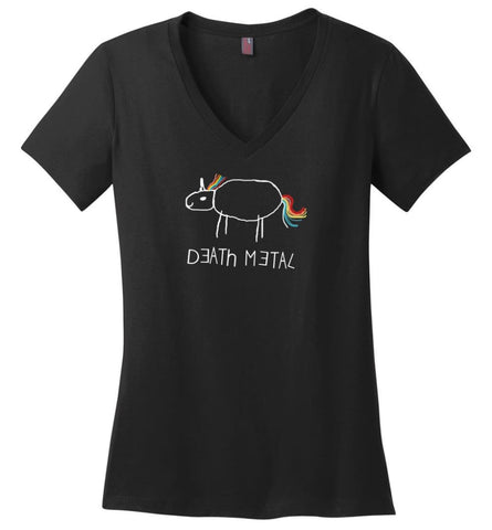 Death Metal Unicorn Shirt Death Metal Rainbow Hoodie Sweatshirt - Ladies V-Neck - Black / M
