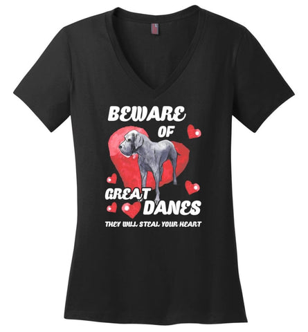 Dog Lovers Shirt Beware Of Great Danes Ladies V Neck - Black / M - womens apparel
