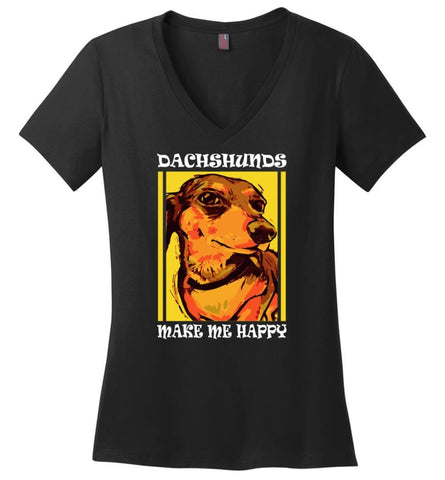 Dog Lovers Shirt Dachshunds Make Me Happy Ladies V Neck - Black / M - womens apparel