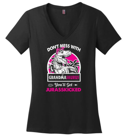 Don’t Mess With Grandma Saurus - Ladies V-Neck - Black / M - Ladies V-Neck