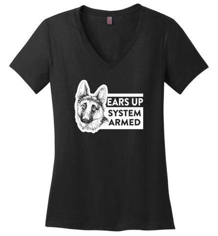 Ears Up System Armed German Shepherd Dog Owner Or Lover Ladies V Neck - Black / M - womens apparel