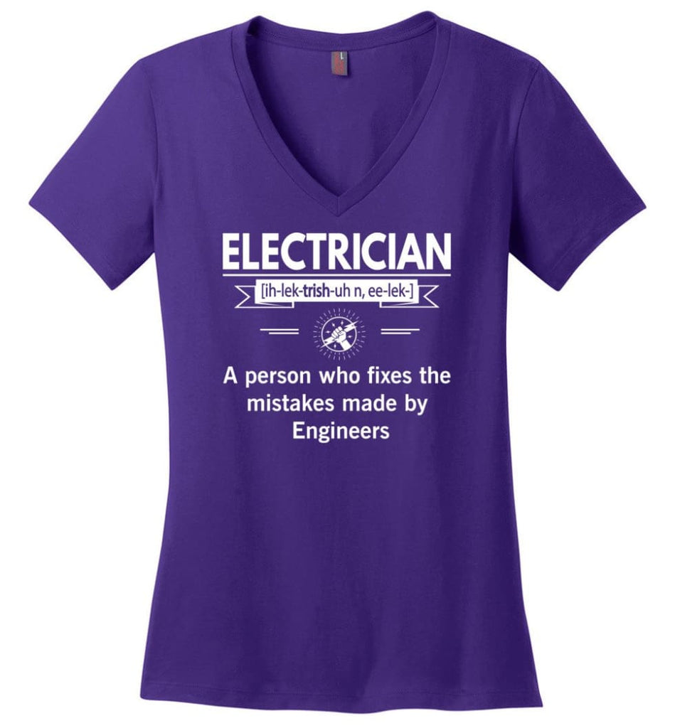 Electrician Definition Funny Electrician Meaning Ladies V-Neck - Purple / M