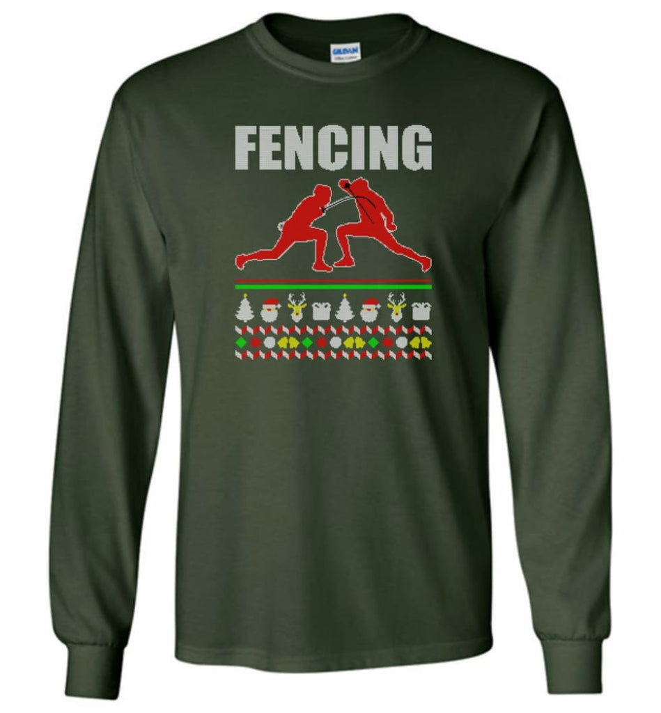 Fencing Ugly Christmas Sweater - Long Sleeve T-Shirt - Forest Green / M