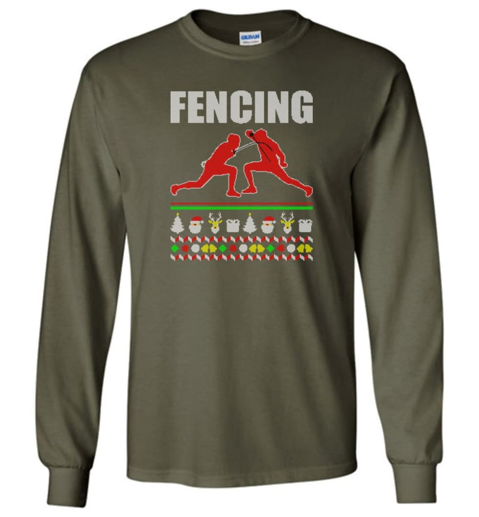 Fencing Ugly Christmas Sweater - Long Sleeve T-Shirt - Military Green / M