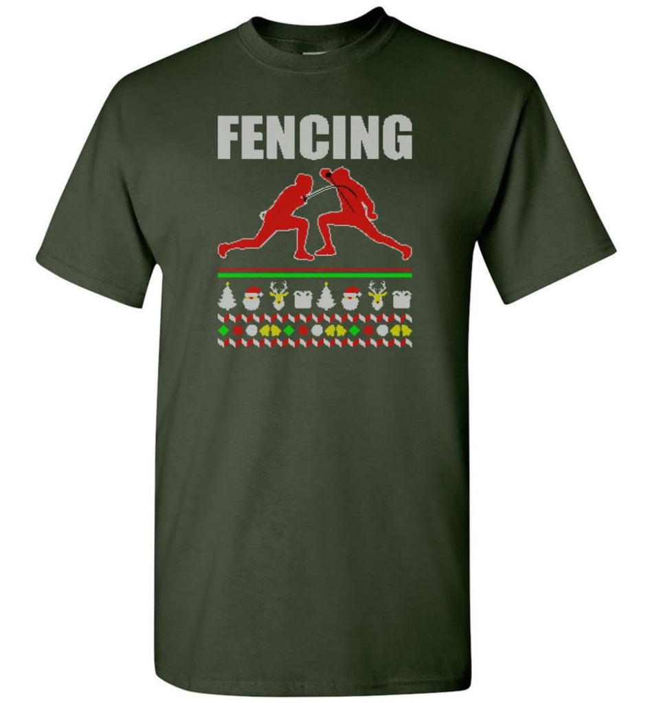 Fencing Ugly Christmas Sweater - Short Sleeve T-Shirt - Forest Green / S