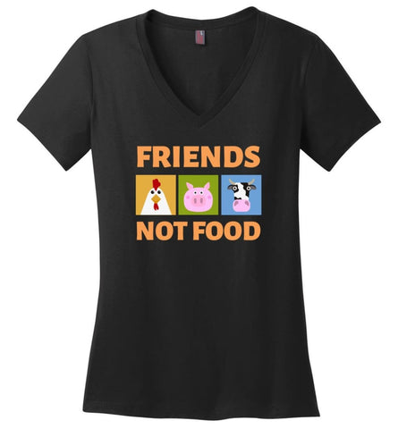 Friends Not Food Vegan Shirt Vetetarian Animal Rescue Tee Ladies V-Neck - Black / M - womens apparel