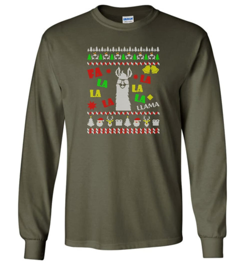 Funny Llama Ugly Llama Christmas Gift Hoodie Llamas Xmas Long Sleeve T-Shirt - Military Green / M