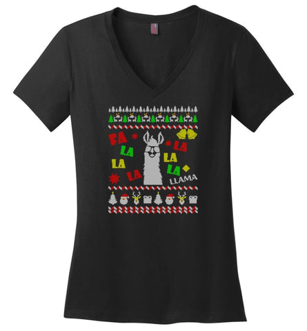 Funny Llama Ugly Christmas Sweater Llama Christmas Gift Hoodie Llama Xmas Ladies V-Neck - Black / M