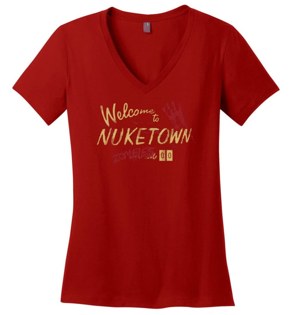 Geek Welcome to Nuketown Zombies 00 CoD Gaming Gift Video Game Fans - Ladies V-Neck - Red / M