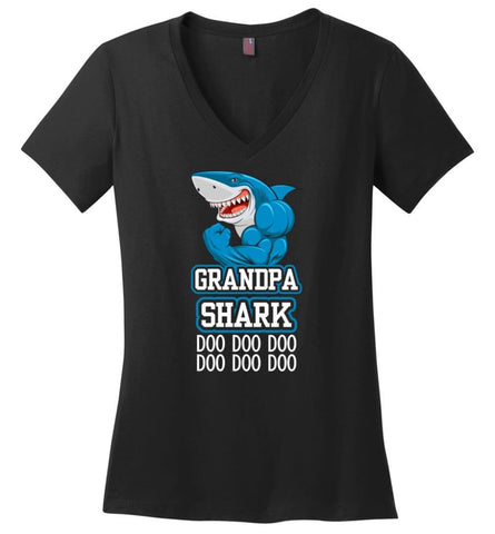 Grandpa Shark Doo Doo Doo Doo Doo Doo - Ladies V-Neck - Black / M - Ladies V-Neck